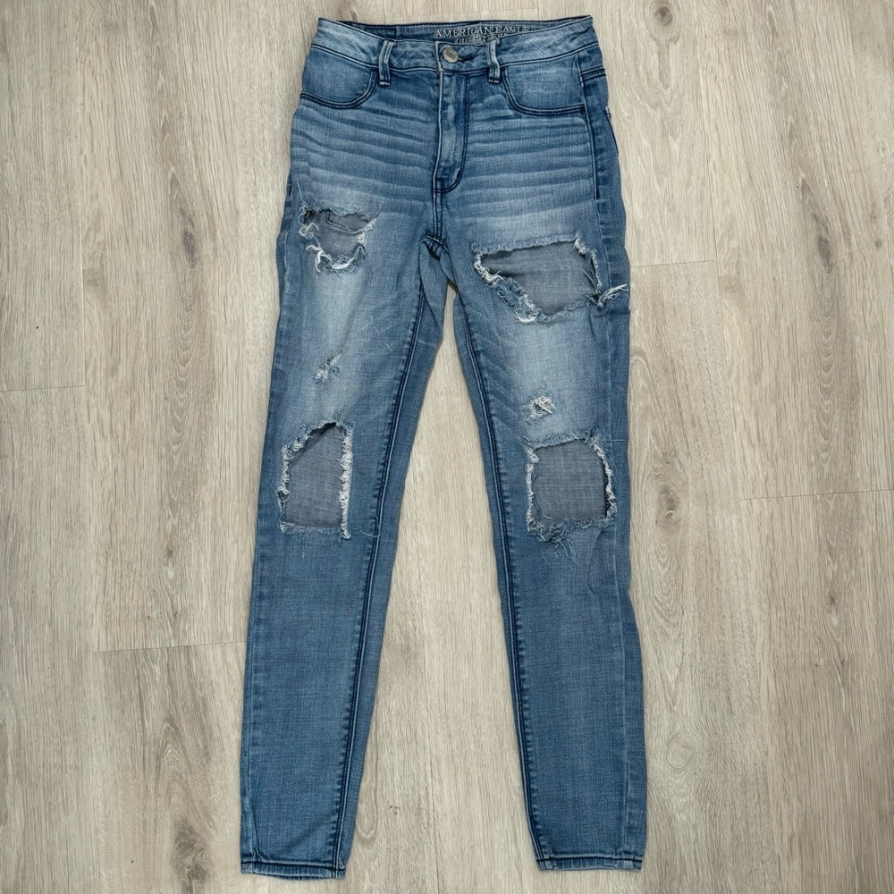 american eagle light blue high waist distressed ripped skinny denim jeans pants
